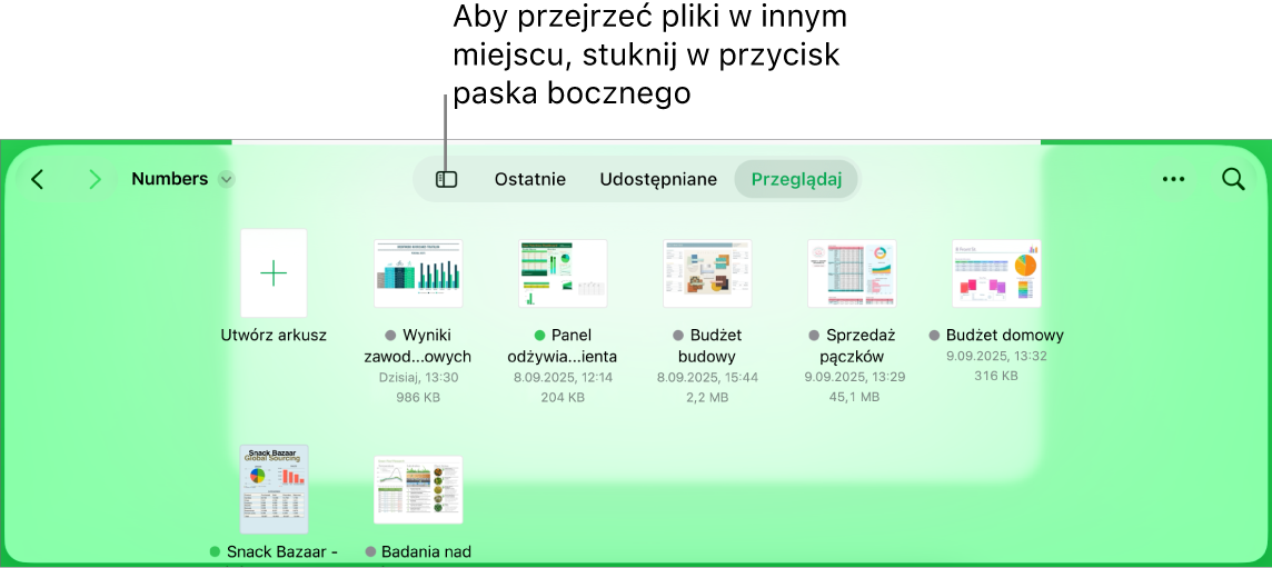 Widok przeglądarki menedżera dokumentów z przyciskiem paska bocznego w lewym górnym rogu. W prawym górnym rogu znajdują się przyciski dodawania, nowego folderu, sortowania (według nazwy, daty, wielkości lub tagu), zaznaczania oraz wyszukiwania.