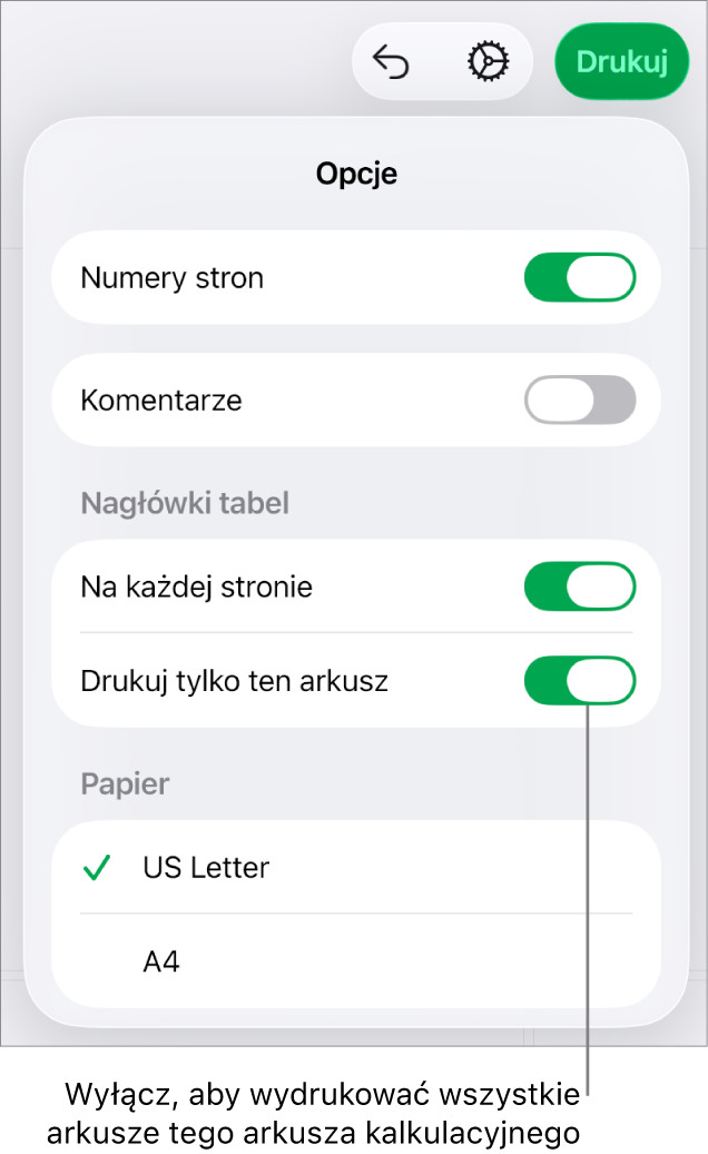 Panel podglądu wydruku, zawierający narzędzia do pokazywania numerów stron, powtarzania nagłówków na każdej stronie, zmieniania rozmiaru papieru oraz wybierania drukowania całego arkusza kalkulacyjnego lub tylko bieżącego arkusza.