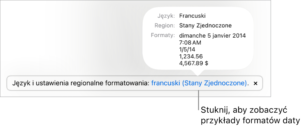 Powiadomienie o różnicy ustawień dotyczących języka i regionu, pokazujące przykłady formatowania używanego w wybranym języku i regionie.