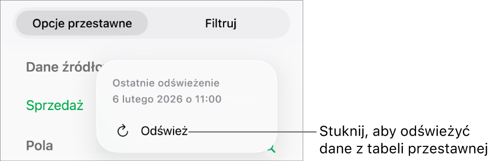 Menu Opcje przestawne pokazujące opcje odświeżania tabeli przestawnej.
