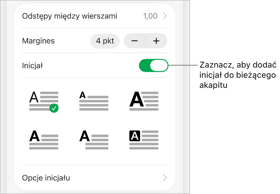 Narzędzia inicjału znajdujące się w menu Tekst.