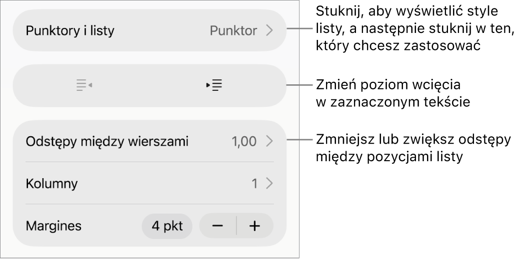 Sekcja Punktory i listy w narzędziach Format. Objaśnienia wskazują przyciski Punktory i listy, Wysunięcie oraz Wcięcie, a także narzędzia odstępów między wierszami.