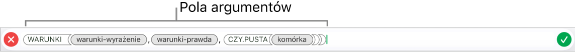 Edytor formuł zawierający funkcję z tokenami argumentów.