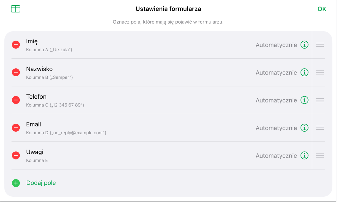 Narzędzia do konfigurowania formularza. Widoczne są opcje dodawania, edycji, zmiany kolejności i usuwania pól, a także zmiany formatu pól (np. z Tekst na Procent).