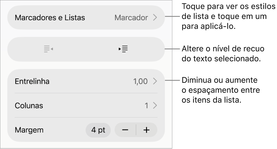 Seção “Marcadores e Listas” dos controles de Formatação, com chamadas para “Marcadores e Listas”, botões para aumentar ou diminuir o recuo e controles de entrelinha.