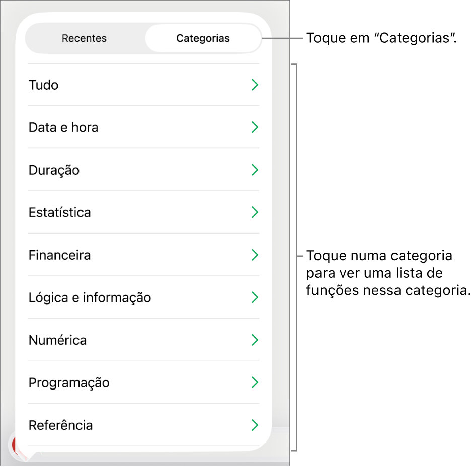 O navegador de funções com o botão "Categorias” selecionado e a lista de categorias por baixo.