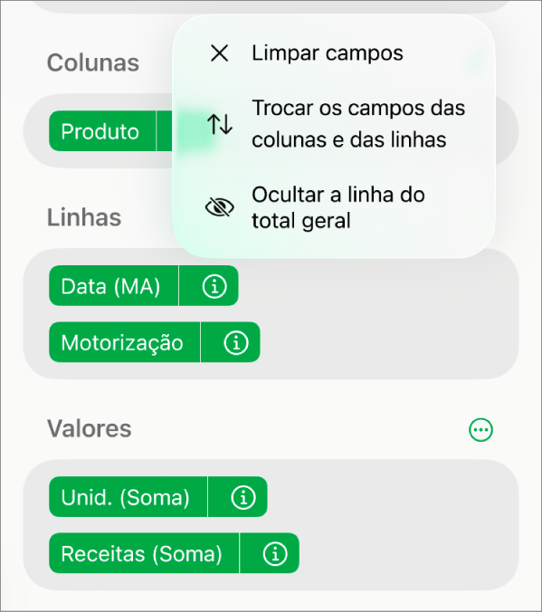 O menu "Mais opções do campo”, a mostrar os controlos que permitem ocultar os totais gerais, trocar os campos das colunas e das linhas e limpar campos.