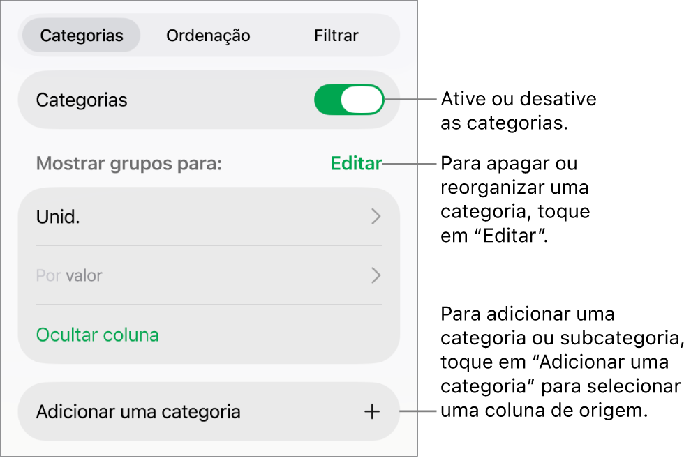 O menu "Categorias” para iPad com opções para desativar as categorias, apagar categorias, reagrupar dados, ocultar uma coluna de origem e adicionar categorias.