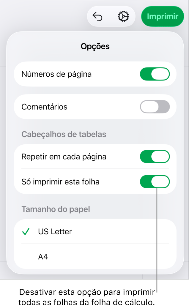 Painel de pré-visualização de impressão, com os controlos para mostrar os números de página, o mesmo cabeçalho em cada página, alterar o tamanho do papel e a opção para imprimir todas as folhas da folha de cálculo ou apenas a folha atual.