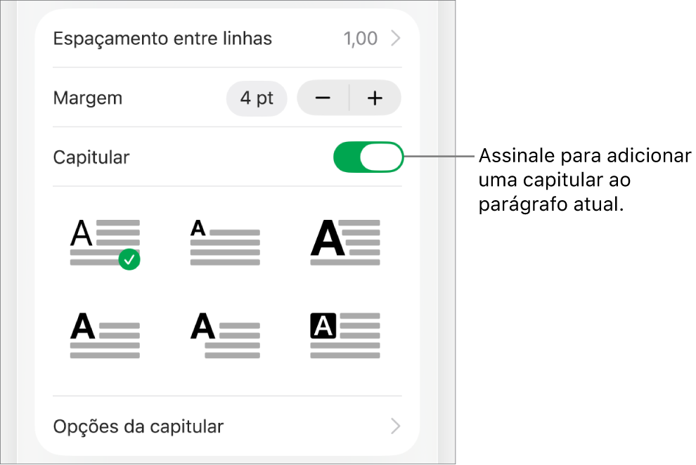 Os controlos de "Capitular” no menu “Texto”.