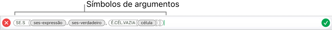 O editor de fórmulas a mostrar uma função com símbolos de argumentos.