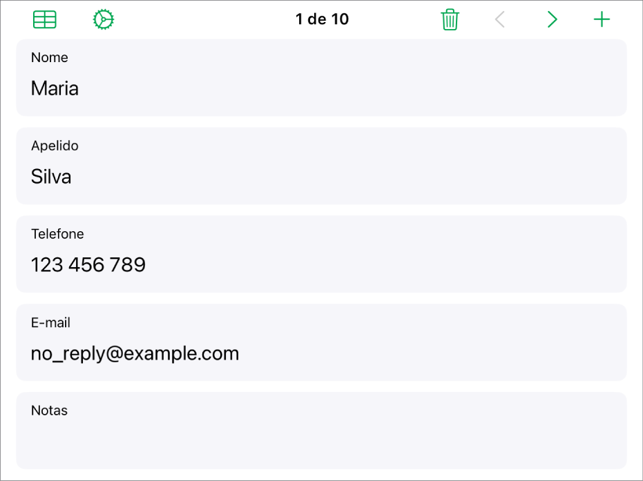 Um registo num formulário com campos para o nome, número de telefone, e-mail, etc. Além disso, os controlos para visualizar a tabela associada, os controlos de configuração do formulário e alternar entre registos estão na parte superior.