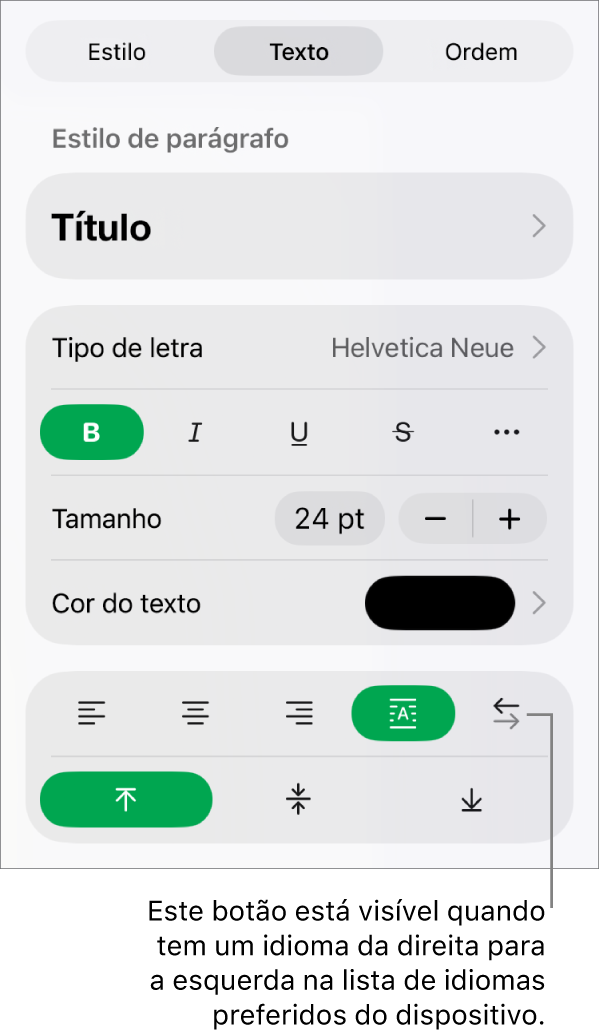 A secção “Estilo” do menu “Formatação” com uma chamada para o botão "Da direita para a esquerda”.