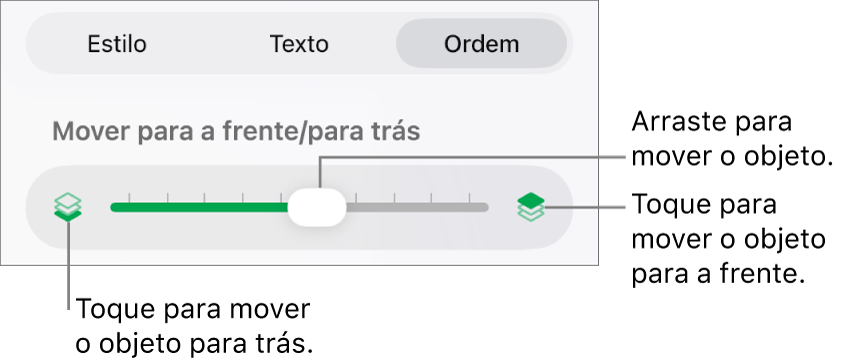 O botão “Mover para trás”, o botão “Mover para a frente” e o nivelador da camada.