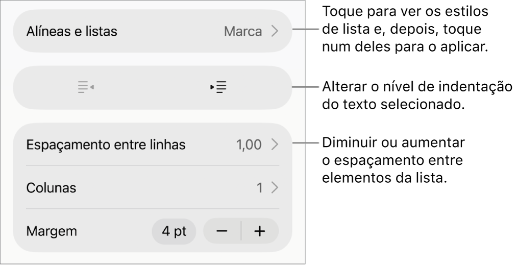 A secção “Marcas e listas” dos controlos de “Formatação” com chamadas para “Marcas e listas”, botões de remover indentação e de indentação e controlos de espaçamento.