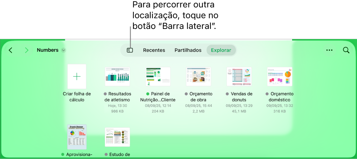 A vista de navegação do gestor de documentos com uma hiperligação de localização no canto superior esquerdo e um campo de pesquisa por baixo da mesma. No canto superior direito encontra-se o botão "Adicionar uma folha de cálculo”; o botão “Nova pasta”; um menu pop-up para usar a vista de lista ou por ícones e para filtrar por nome, data, tamanho, tipo e etiqueta e o botão “Selecionar”. Por baixo destes estão as miniaturas das folhas de cálculo existentes.