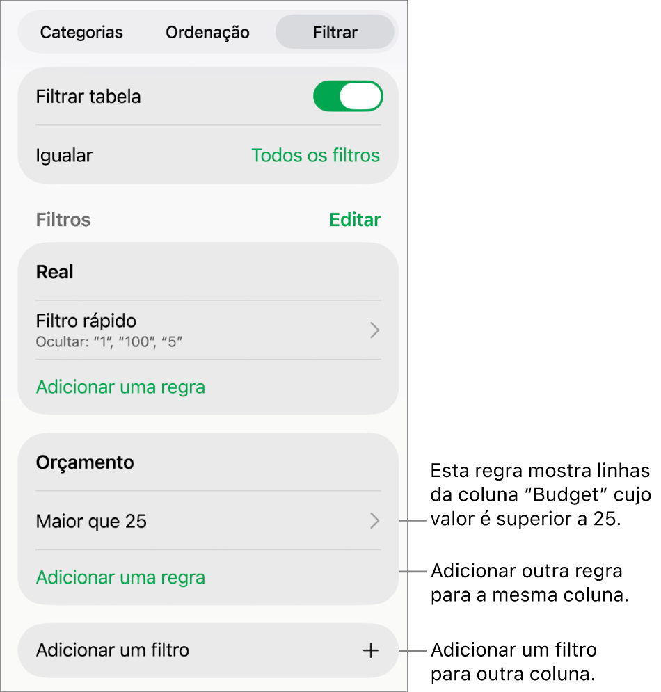 Controlos para adicionar novas regras de filtragem ou edição de regras existentes.