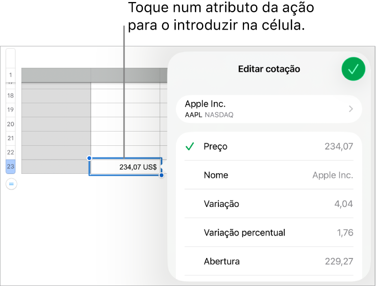 O pop-over de cotação, com o nome do título na parte superior e atributos do título selecionáveis, incluindo o preço, o nome, a variação, a variação percentual, a abertura e o preço mais alto apresentados abaixo.