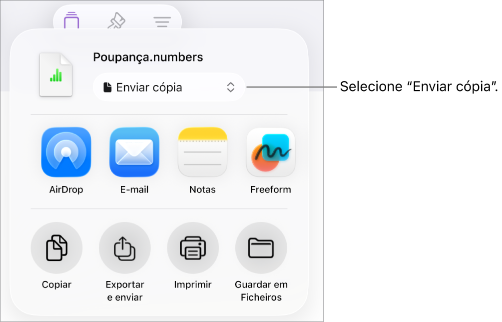 O menu “Partilhar” com “Enviar cópia” selecionada na parte superior.