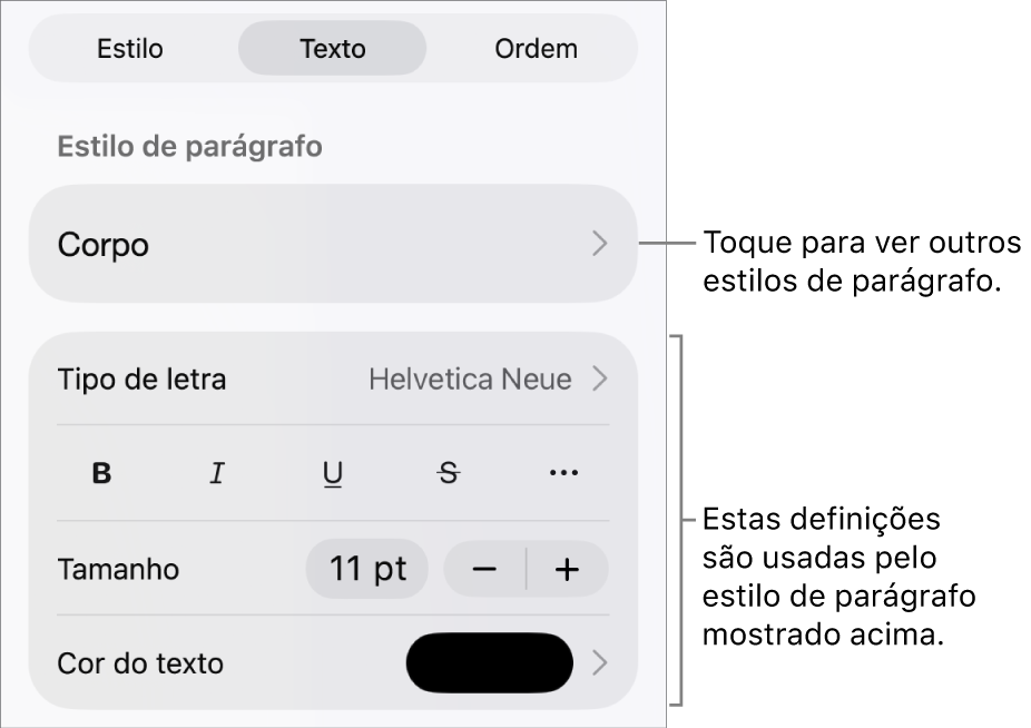 O menu "Formatação” a apresentar controlos de texto para definir estilos de parágrafo e carácter, tipo de letra, tamanho e cor.