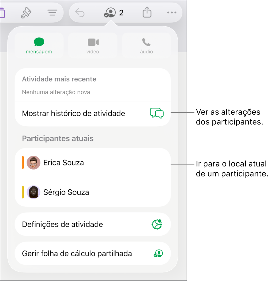O menu de colaboração com os participantes atuais listados.