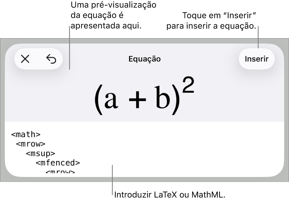 A caixa de diálogo “Equação”, apresentando uma equação escrita com recurso aos comandos MathML e uma pré-visualização da fórmula em cima.