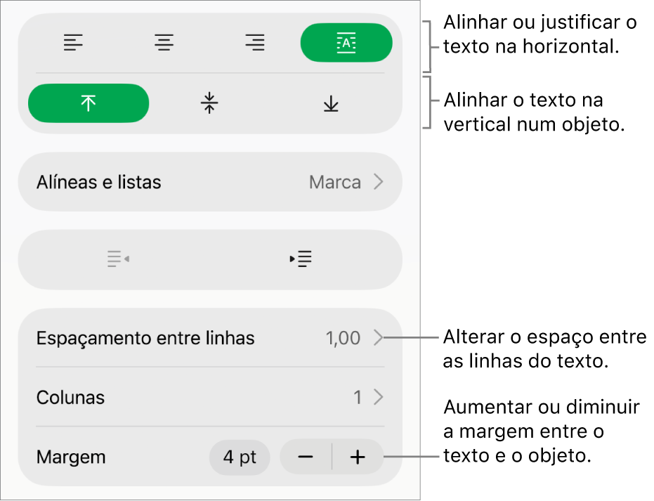 A secção “Disposição” do inspetor de formatação com referências aos botões de alinhamento e espaçamento de texto.