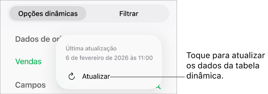 O menu "Opções dinâmicas” a mostrar a opção de atualizar a tabela dinâmica.