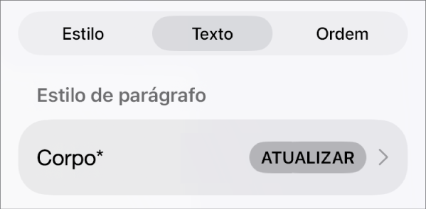 Um estilo de parágrafo com um asterisco junto ao mesmo e um botão "Atualizar” à direita.
