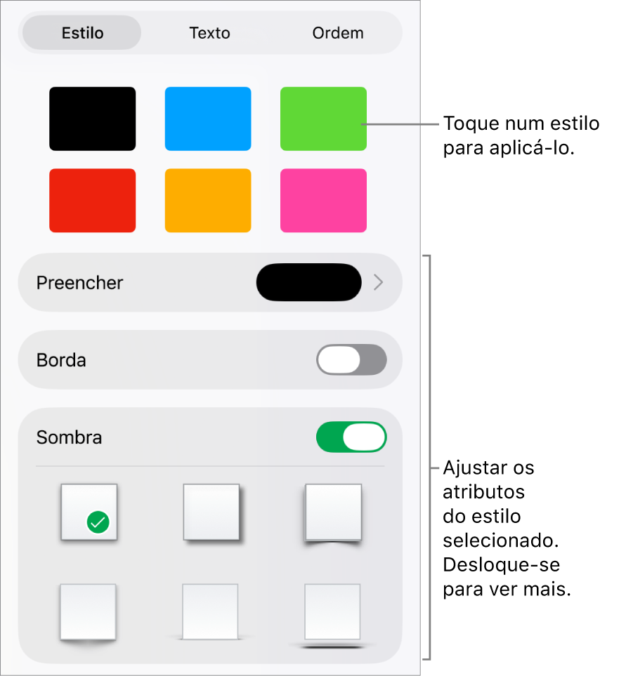 O separador "Estilo” do menu “Formatação” com estilos de objeto na parte superior e controlos por baixo para alterar o preenchimento, borda e sombra.