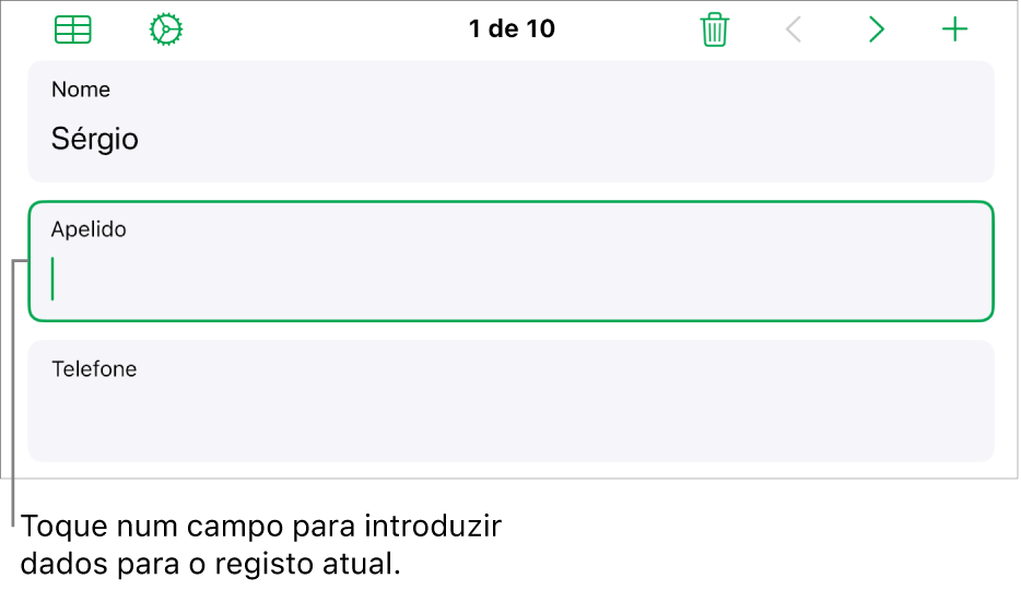 Um registo num formulário a mostrar um campo ativo com um ponto de inserção.