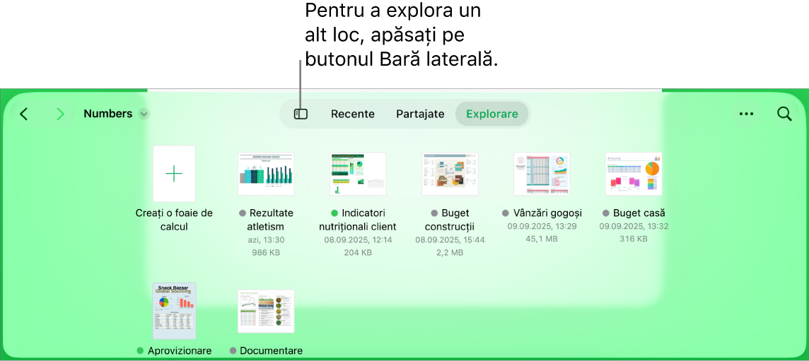 Vizualizarea de explorare a gestionarului de documente cu butonul Bară laterală în colțul din stânga sus. În dreapta sus se află butonul Adaugă, butonul Dosar nou, butonul Pictograme (pentru sortare după nume, dată, dimensiune sau etichetă), butonul Selectează și butonul Căutare.