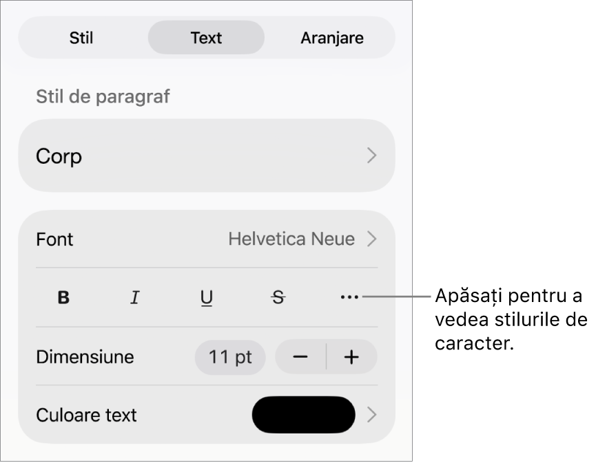 Comenzile Format cu stilurile de paragraf în partea de sus, apoi comenzile Font. Sub Font se află butoanele Aldin, Cursiv, Subliniat, Tăiat cu o linie și Alte opțiuni de text.