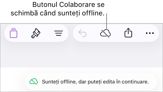 Butoanele din partea de sus a ecranului, cu butonul Colaborare transformat într-un nor traversat de o linie diagonală. Pe ecran apare o alertă „Sunteți offline, dar puteți edita în continuare”.