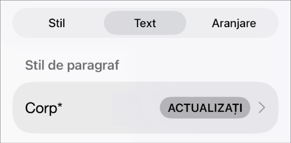 Un stil de paragraf cu un asterisc lângă el și un buton Actualizați în partea dreaptă.