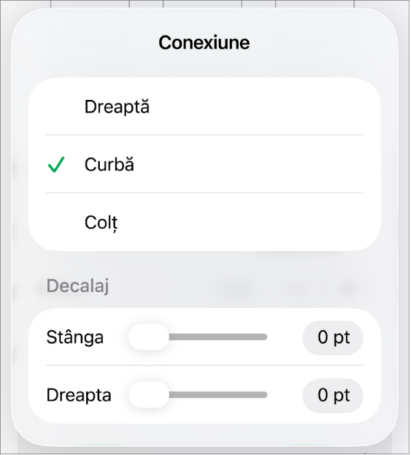 Comenzile Conexiune cu opțiunea Curbă selectată.