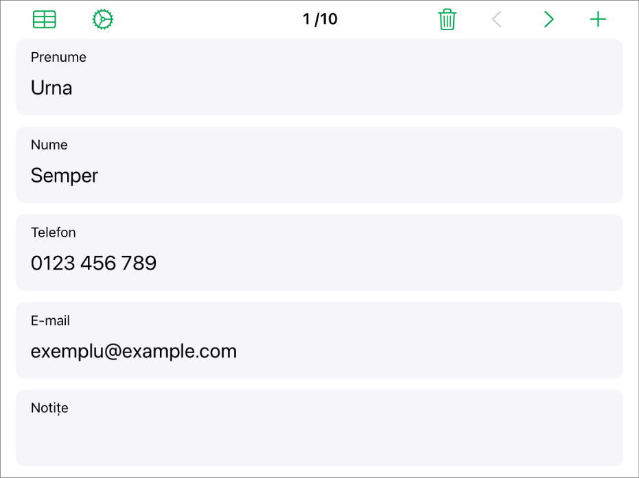 O înregistrare dintr-un formular având câmpuri pentru nume, număr de telefon, adresă de e-mail și altele. De asemenea, comenzile pentru vizualizarea tabelului asociat, de configurare a formularului și comutare între înregistrări se află în partea de sus.
