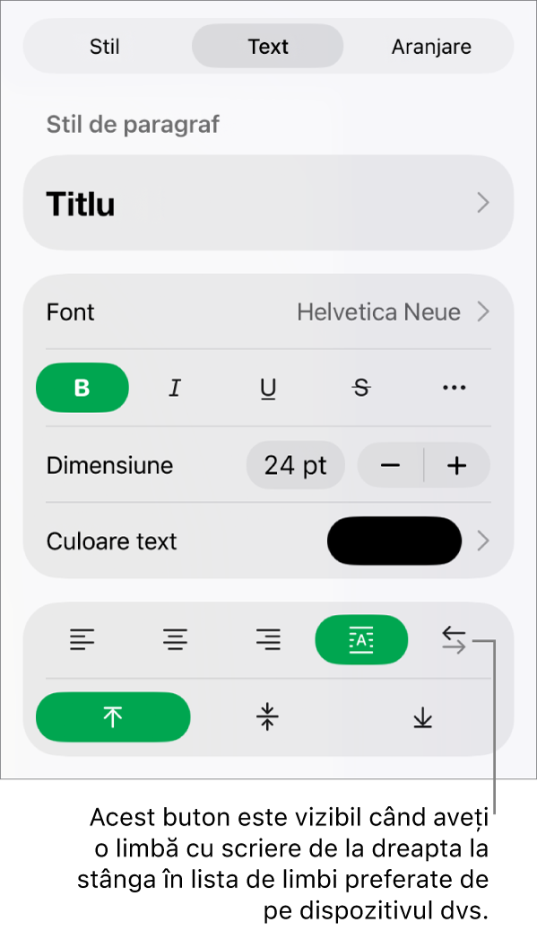 Secțiunea Stil a meniului Format cu explicații pentru butonul De la dreapta la stânga.