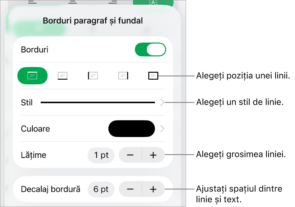 Comenzile pentru schimbarea stilului, grosimii, poziției și culorii liniei.