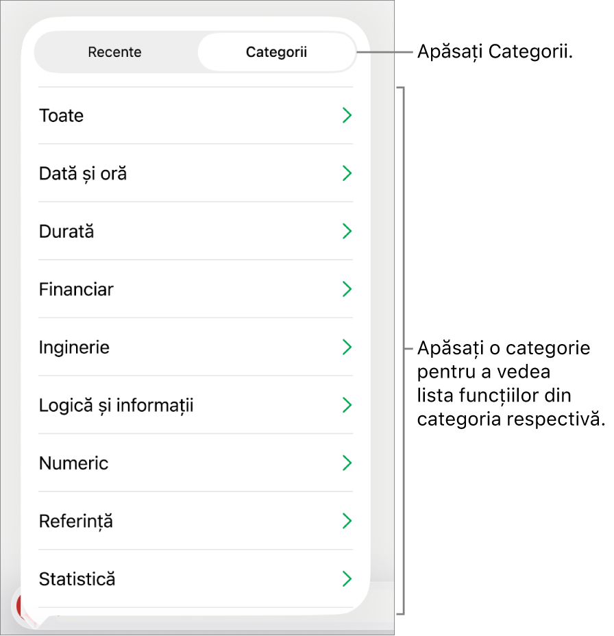 Browserul de funcții cu butonul Categorii selectat și lista categoriilor mai jos.