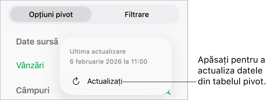 Meniul Opțiuni pivot afișând opțiunea de reîmprospătare a tabelului pivot.
