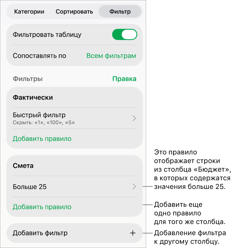 Элементы управления для добавления новых правил фильтрации или редактирования существующих.