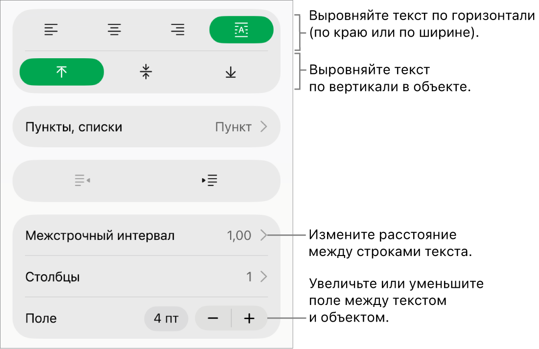 Раздел «Макет» инспектора «Формат» с выносками к кнопкам для выравнивания текста и установки интервалов.