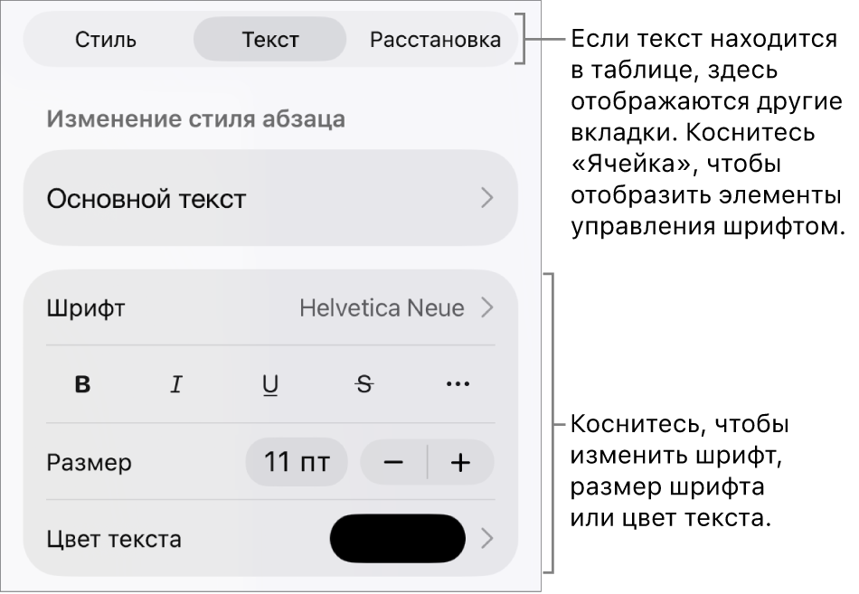 Элементы управления текстом в меню «Формат» для настройки стилей абзацев и символов, шрифта, размера и цвета.