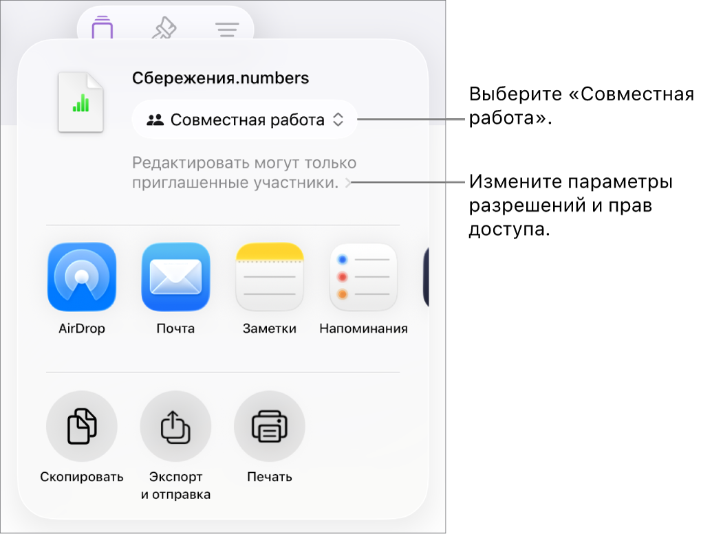 В верхней части экрана отображается меню «Поделиться». Выбран параметр «Совместная работа», под ним находятся настройки прав доступа.