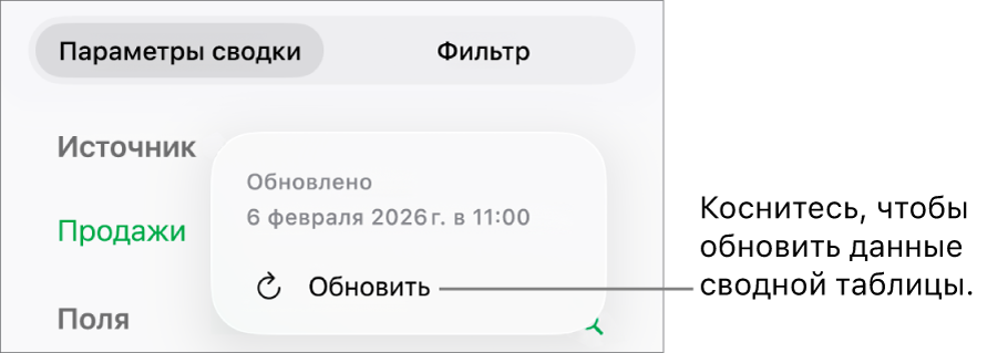 Меню «Параметры сводки», отображающее параметр обновления сводной таблицы.