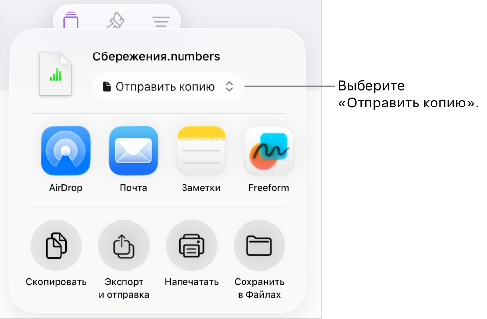 В верхней части меню «Поделиться» выбран параметр «Отправить копию».