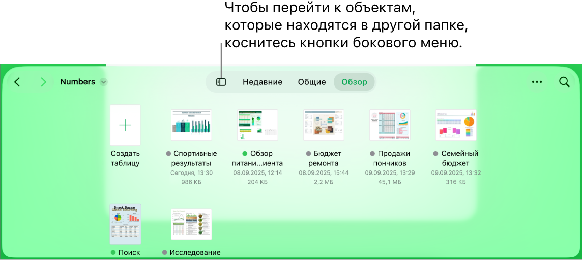 Режим просмотра в менеджере документов. В левом верхнем углу отображается кнопка бокового меню. В правом верхнем углу расположены кнопки «Добавить», «Новая папка», «Значки» (для сортировки по имени, дате, размеру или тегу), «Выбрать» и «Поиск».