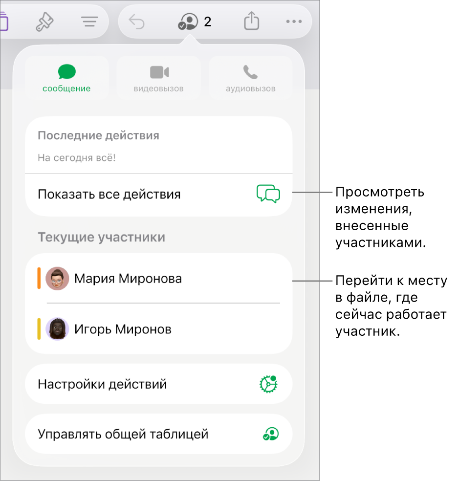 В меню совместной работы показаны активные участники.