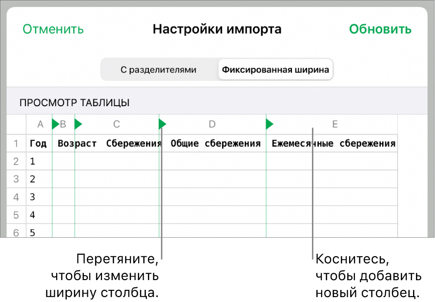 Настройки импорта для текстового файла с полями фиксированной ширины.